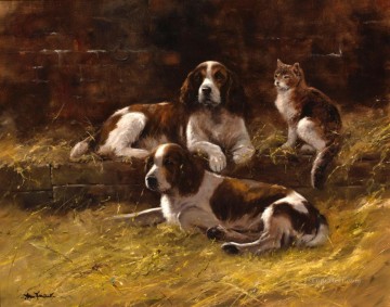 Springer Spaniels et un chat Peinture à l'huile